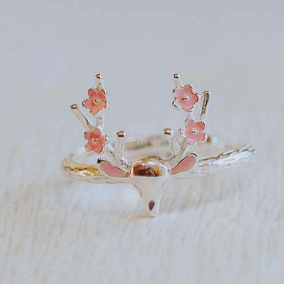 Christmas Deer Ring Adjustable Sterling Silver Animal Ring Pink Flower Ring her - Picture 1 of 6